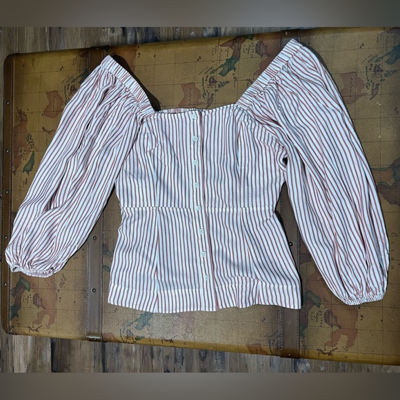 CAbi Tops - CAbi Red & Cream Striped Button Front Off Shoulder Women's Crop Top Blouse Shirt